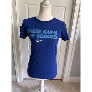 Nike Women's Small Blue “These Guns Are Loaded”Graphic T-Shirt Slim Fit Y2K